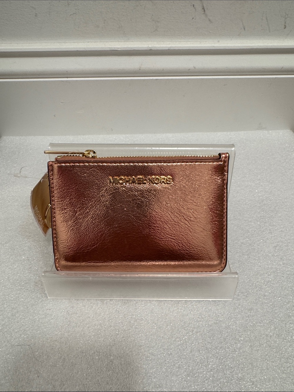 Michael Kors Metallic Rose Gold Zip Card Holder Wallet keychain NWT